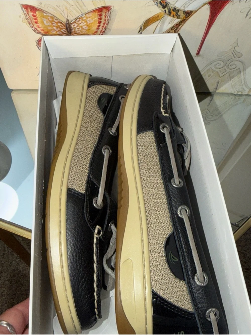 Sperry black Leather Boat Shoes with Cream Trim